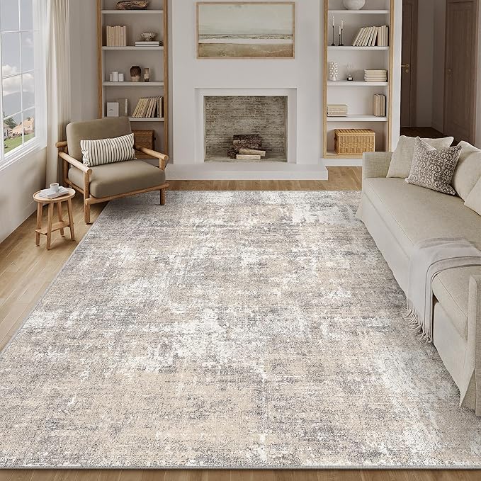 Machine Washable Area Rug 9x12 Beige Gray Large Living Room Indoor Accent Rug Neutral Modern Abstract Low Pile Carpet Non Slip Distressed Throw Rug Bedroom Office Dining Room