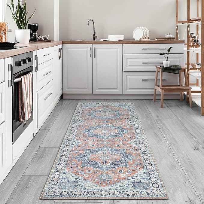 Bloom Rugs Washable Non-Slip 12 ft Runner - Coral/Blue Traditional Medallion Runner for Entryway, Hallway, Bathroom, and Kitchen - Exact Size: 2.5' x 12'