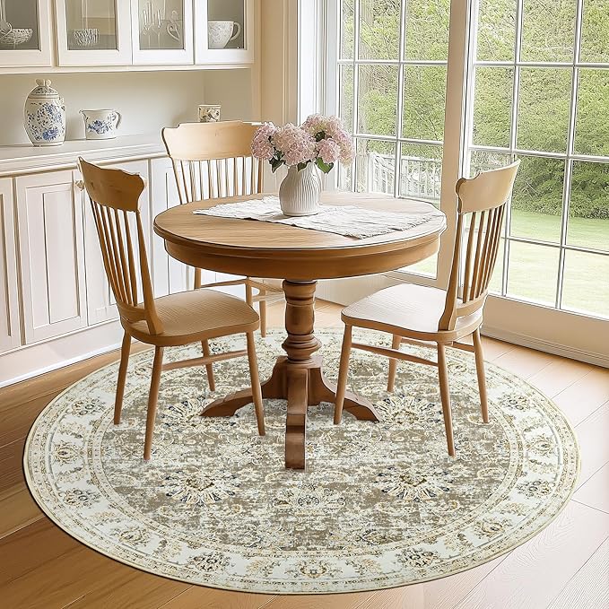 jinchan Fiora Round Rug 6ft Area Rugs Vintage Floral Distressed Design - Machine Washable Non-Slip Low-Pile Ultra-Thin Circle Rug for Entryway Bedside Living Room Dining Room Bedroom (6' Round, Taupe)
