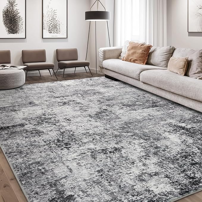 Area Rug Living Room Rugs - 10x12 Washable Large Soft Indoor Neutral Modern Abstract Low Pile Rug Carpet for Bedroom Dining Room Farmhouse Home Office - Grey