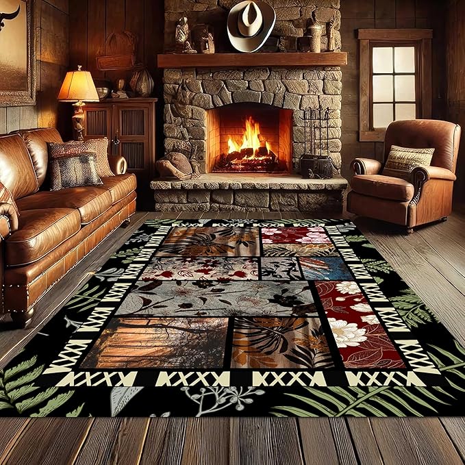 Vintage Jungle Floral Area Rug 5x6ft, Tropical Leaf Print Low Pile Carpet, Washable Non-Slip & Soft Mat for Bedroom, Living Room, Dining Room, Playroom