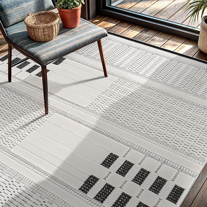 CAMILSON Modern Rug 6x9 Luxury Geometric Pattern Micro Loop Area Rugs Soft High and Low Pile Stain Resistant Easy to Clean Non-Shedding Durable Living Room Office Indoor Carpet (White/Black)