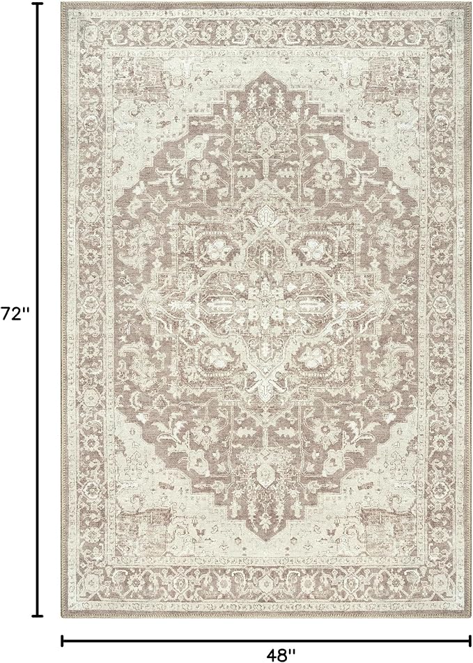 Bloom Rugs Washable Non-Slip 4' x 6' Rug - Light Brown Traditional Medallion Area Rug for Living Room, Bedroom, Dining Room, and Kitchen - Exact Size: 4' x 6'