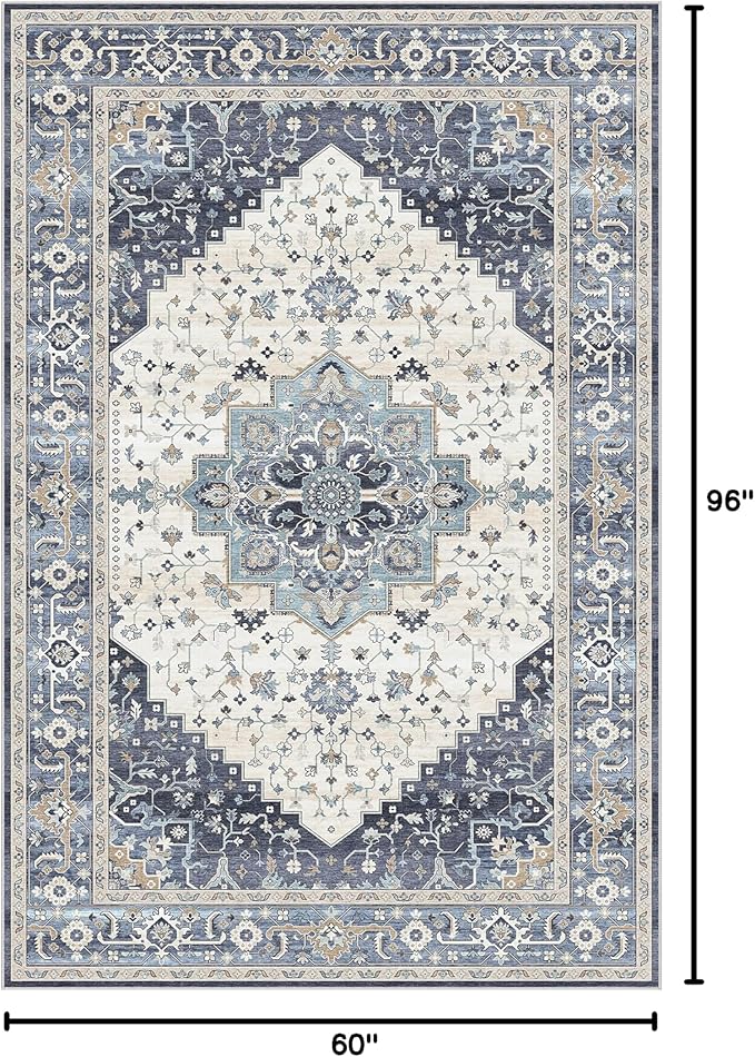Dripex Vintage Washable Area Rug - 5x8 Distressed Rugs for Living Room Bedroom Oriental Medallion Floral Print Carpet Low-Pile Indoor Soft Non-Slip Accent Rug Farmhouse Office Home Decor