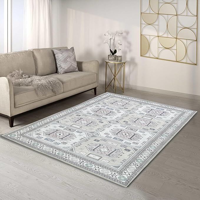 Fame Living Faded Oushak Rug, Turkish Vintage Floral Pastel Large Oversized Area Rugs for Living Room Dining Bedroom Kitchen Bathroom Nursery (848BrCr, 7'5" x 9'8")