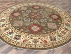 Taupe Brown Special Kazak with All Over Pattern Natural Dyes Organic Wool Hand Knotted Round Oriental Rug (9'x9')