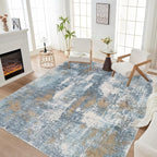 Area Rug Living Room Rugs - 8x10 Washable Large Soft Indoor Neutral Modern Abstract Low Pile Rug Carpet for Bedroom Dining Room Farmhouse Home Office - Blue Brown