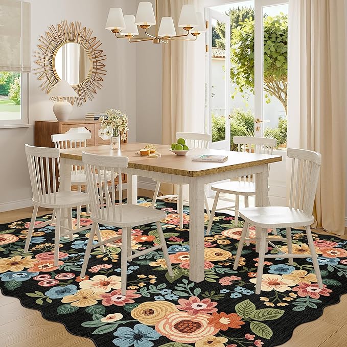 DUKINO 8x10 Area Rug, Floral Washable Rugs for Living Room with Non Slip Backing & Non-Shedding, Lightwight Low Pile Boho Design Large Carpets for Bedroom, Living Room, Dining Room, Black