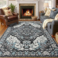 YJ.GWL Area Rugs for Living Room 5x7 Machine Washable Rugs, Non Slip Floral Vintage Rug Indoor Carpet, Stain Resistant Large Rug for Bedroom Dining Room, Black Grey Blue
