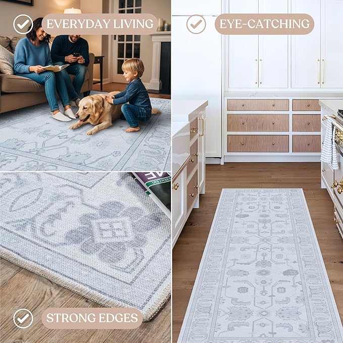 Fame Living Beige Oushak Rug, Modern, Vintage, Turkish, Eclectic, Floral, Pastel, Washable, Area Rugs for Living Room, Dining, Bedroom, Office, Entryway, Foyer, Playroom, Nursery, 5'x6'9"