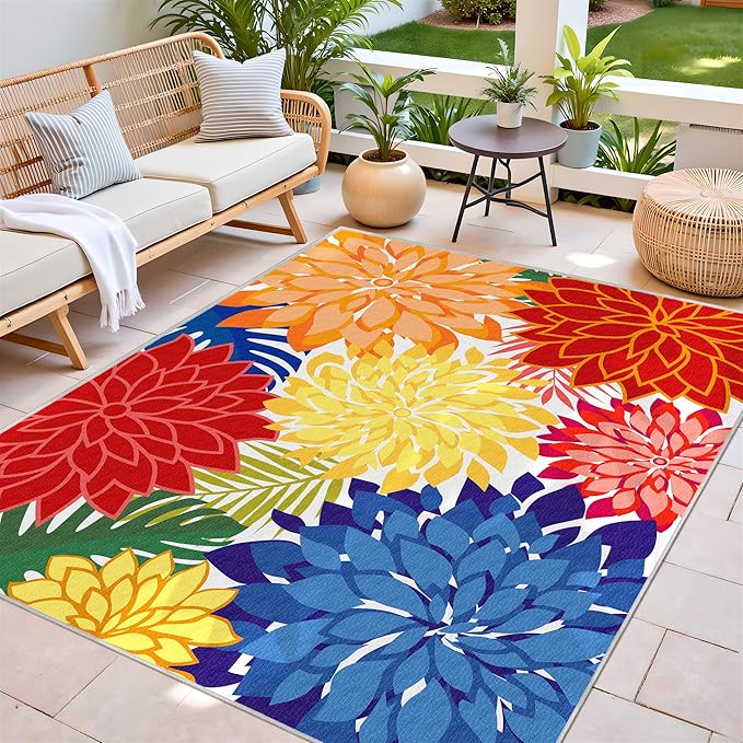 Colorful 6x9 Outdoor Area Rug Washable Multicolored Patio Rug Tropical Botanical Floral Chenille Waterproof Outdoor Carpet Non-Slip for Patio, Deck, Backyard, Porch, Rainbow