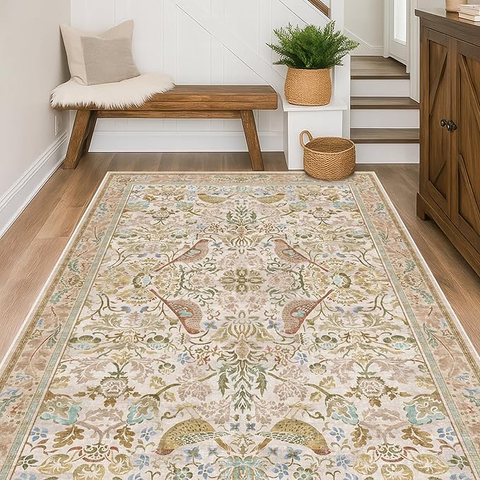 Washable Area Rugs 5x8 for Bedroom - Western Nature Rugs for Living Room, Dinning Room,Playroom, Guest Room with Boho Beige Neutral Botanical & Bird Pattern, Non Slip Stain Resistant Low Pile
