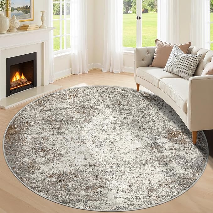 8ft Washable Round Rug - 8x8 Area Rugs Modern Abstract Rugs for Living Room Non-Slip Low Pile Soft Machine Washable Carpet for Bedroom, Living Room, Dining Room, Nursery, Farmhouse (8'x8' Brown Grey)