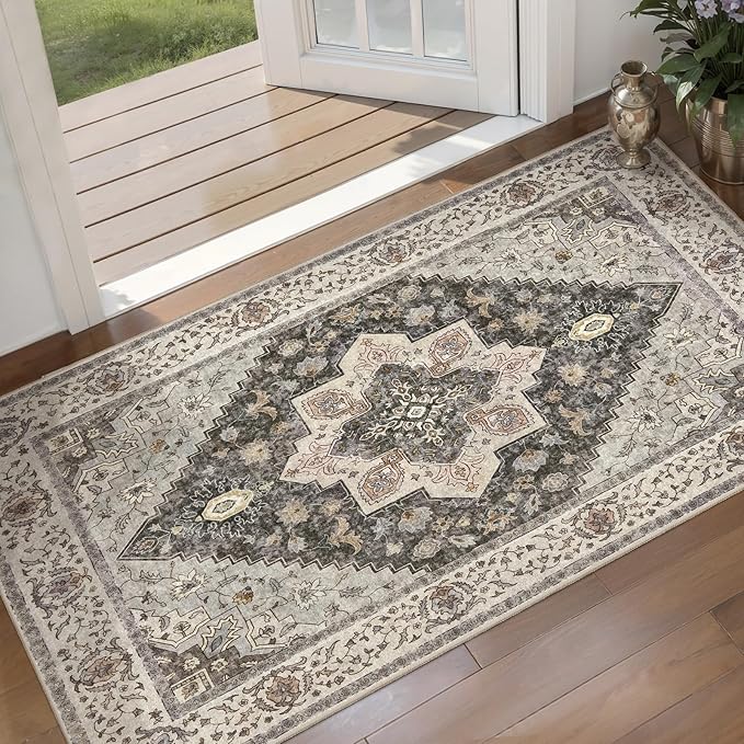 Kitchen Rugs 2x4 Washable Rug for Entryway Vintage Non Slip Small Rugs Front Door Mat Indoor Entrance, Print Distressed Throw Rug Grey Soft Low Pile Rugs Small Carpet for Entry Bedroom Bathroom