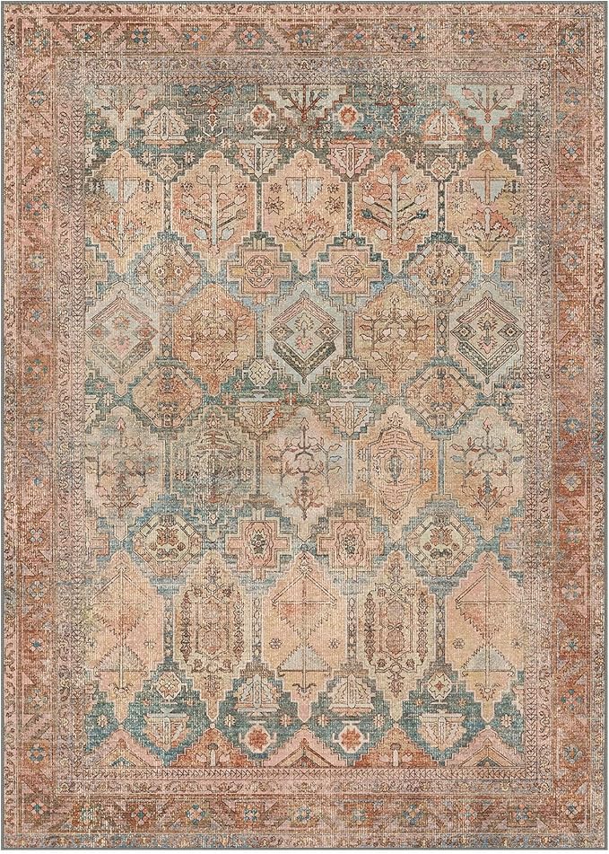 Bavni Washable Rug 6x9 Area Rug for Living Room Bedroom Dining, Washable Vintage Print Carpet, Ultra-Thin Chenille Low Pile Lightweight Rug with Non Slip Backing, Clay