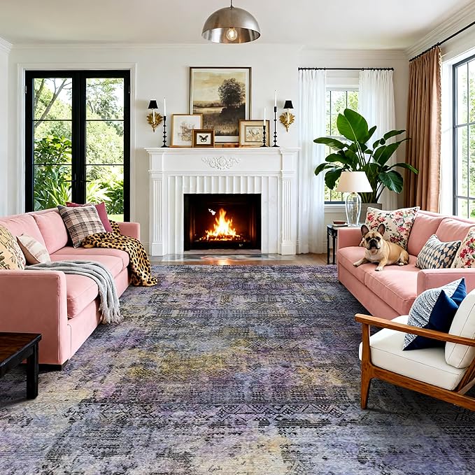 Kokia Abstract Area Rugs 8x10 Bedroom Soft Living Room Rugs Washable Distressed Vintage Comfy Black Gray Carpet with Non-Slip Backing for Farmhouse Home Office Room Decor, Oslo Nebula