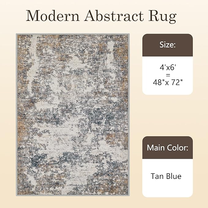 4x6 Washable Area Rugs - Modern Abstract Rugs for Living Room Non-Slip Low Pile Soft Machine Washable Carpet for Bedroom, Dining Room, Nursery, Home Office, Farmhouse (4'x6' Tan Blue)