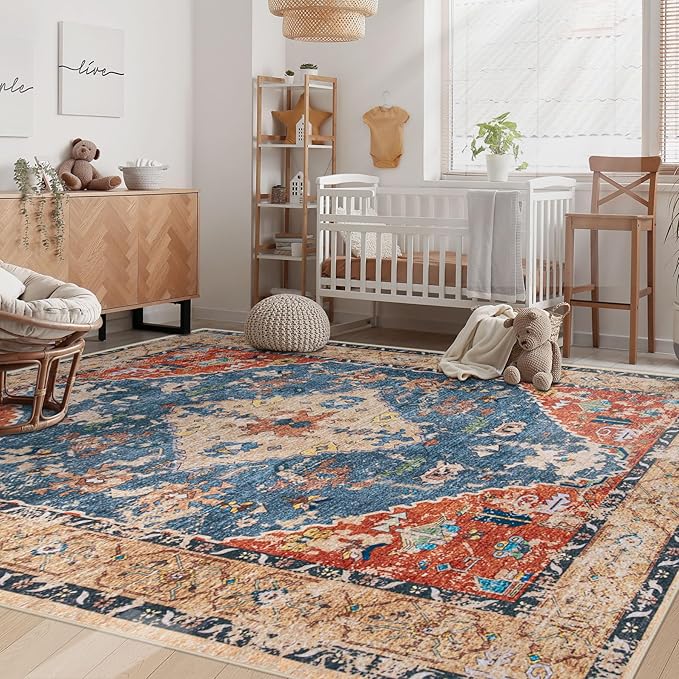 Area Rug 6x9 Washable Rug, Vintage Boho Medallion Rugs Non-Slip Soft Low Pile Large Distressed Rug Indoor Retro Carpet for Living Room Bedroom Dining Room Home Office (Tribal Medallion/Multi, 6'x9')