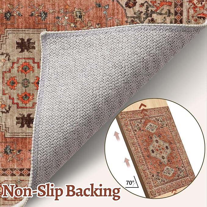 Tangsoo Boho Hallway Runner Rug 2.6x12 Washable Runner Rug for Hallways, Non Slip Vintage Soft Low Pile Long Rug Runner, Oriental Terracotta Carpet Runners for Kitchen Bedroom Entryway Living Room