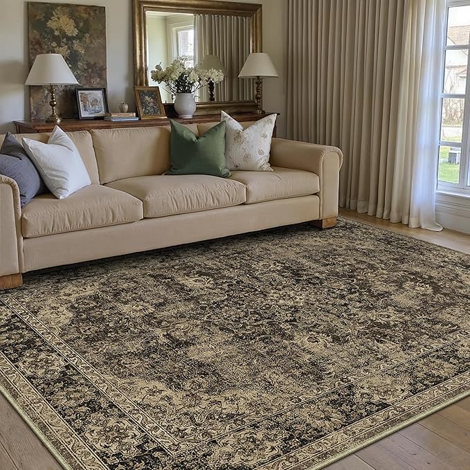 HUGEAR Retro Brown Area Rug 6x9 Machine Washable Living Room Rugs Distressed Vintage Floral Low Pile Carpet Bedroom Office Dining Room Laundry Room Non Slip Soft Lightweight