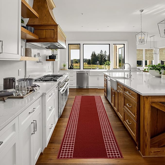 Custom Made Runner Rug for Kitchen Foyer Hallway Entry Choose Your Length 31 Inch Wide Geometric Checkered Design Red Color (33 feet x 31 Inch)