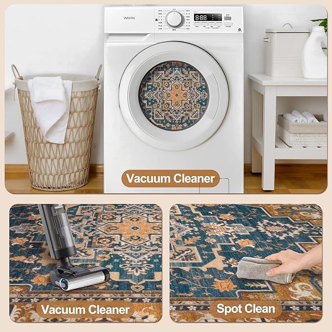 Tangsoo 2x6 Washable Runner Rug for Hallways, Non Slip Vintage Runner Rugs, Soft Low Pile Long Rug Runner, Print Distressed for Kitchen Bedroom Entryway Bathroom Living Room Indigo Ochre