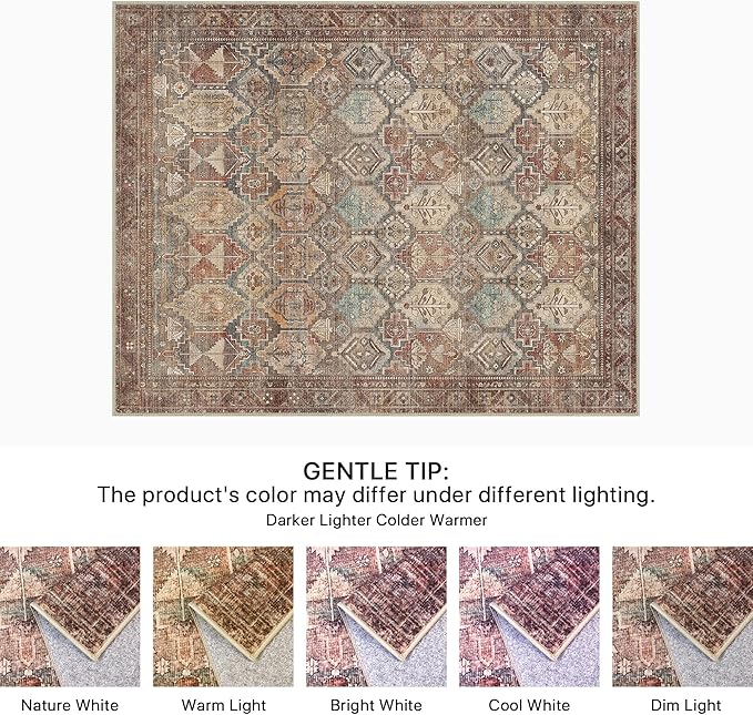 Bavni Washable Rug 8x10 Area Rug for Living Room Bedroom Dining, Washable Vintage Print Carpet, Ultra-Thin Low Pile Lightweight Rug with Non Slip Backing, Reddish Brown