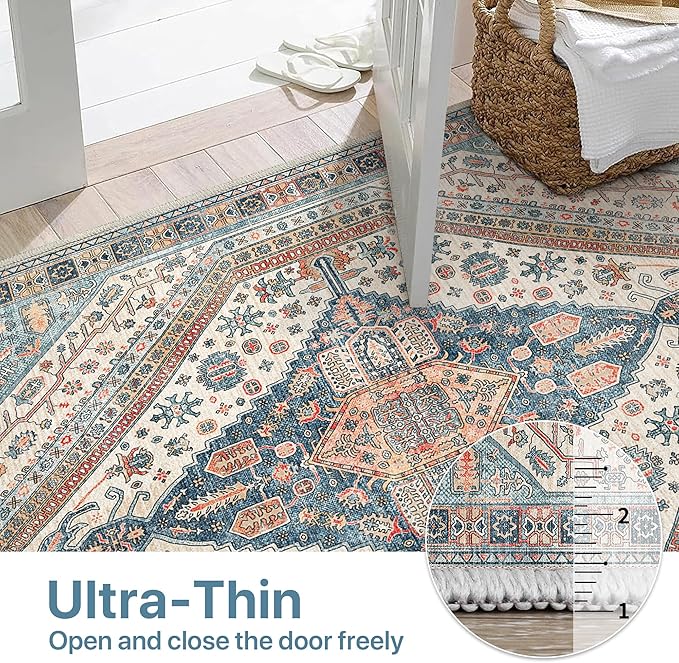 Bavni Runner Rug 2x10 Kitchen Rugs for Hallways Entryway, Washable Vintage Print Carpet, Ultra-Thin Chenille Low Pile Lightweight Rug with Non Slip Backing, Blue/Orange