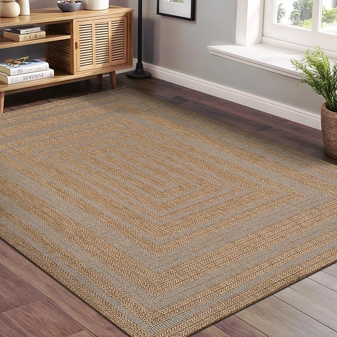 Beverly Rug Easy Jute Framed Border Rug 6x9 Washable Durable Indoor Outdoor Area Rugs for Living Dining Room Patio Office Stain Resistant Non Shedding Casual Indoor Outside Carpet 6 x 9 Natural