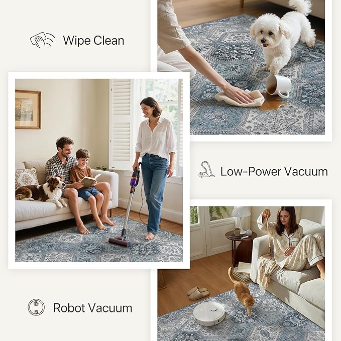 Bavni 6x9 Area Rugs for Living Room, Machine Washable Rug Non Slip, Vintage Chenille Distressed Print Carpet, Large Low Pile Ultra-Thin Lightweight Rugs for Bedroom, Dining Room, Home, Office, Blue