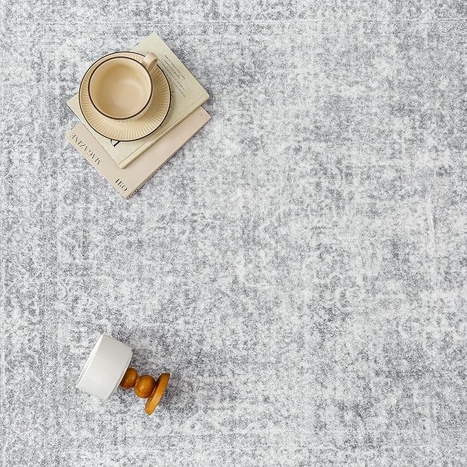 9x12 Area Rug Washable Vintage Living Room Carpet Large Indoor Non Slip Grey Bedroom Distressed Low Pile Retro Accent Throw Rug for Dining Room