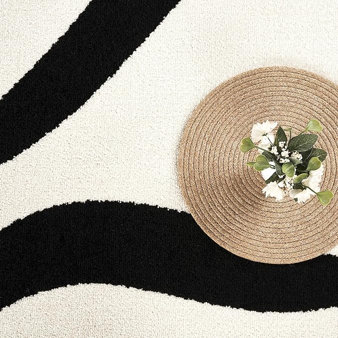 Abani Abstract Beige/Black Area Rug - 5'x8' - Modern Curved Line Design - Deco Collection - Easy to Clean - Durable for High Traffic Areas - Bedroom, Office & Kitchen - Medium Pile