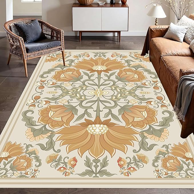 Abstract Sunflower Area Rugs, 4x6ft, Traditional Rustic Vintage Tropical Floral Theme Beige Farmhouse Boho Carpet, Shaggy Low Pile Fade Resistant Home Goods Rug for Living Room Kitchen
