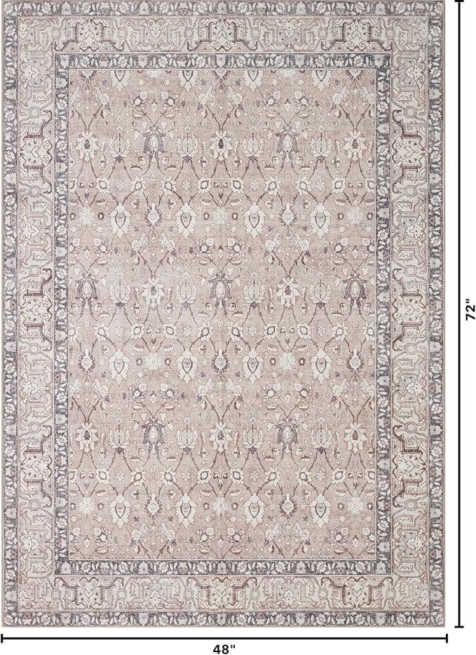 Kuden 4x6 Area Rug, Machine Washable Area Rug with Non-Slip Backing, Vintage Style, Soft, Easy Clean, Low Pile Rug for Living Room, Bedroom, Dining Room