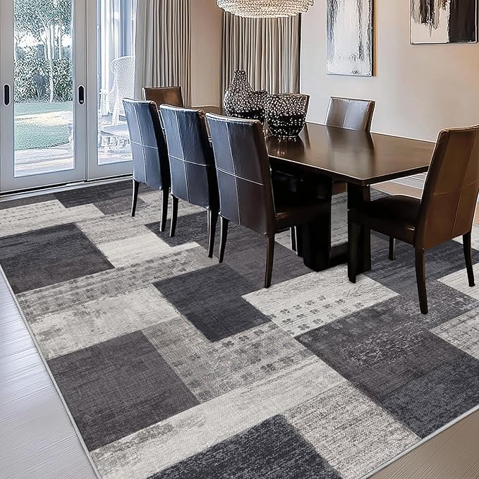 Modern Geometric Patchwork Indoor Area Rug for Living Room, Charcoal 5'x 7' Large Rug Rockwood Collection Hardwood Floors Decor for Bedroom, Grey Throw Carpet for Office Entryway Dining Room