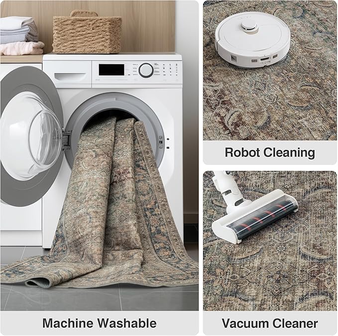 Fmfunctex 5x7 Washable Area Rug Neutral Vintage Brown Distressed Non Slip Low Pile Retro Indoor Carpet for Living Room Bedroom Soft Mat Throw Rug for Dining Office Kitchen Dorm Nursery Entryway, Multi