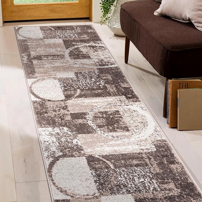 Rugshop Contemporary Abstract Circle Design Runner Rug, Non-Shedding Carpet for Hallway, Entryway, or Kitchen, Brown, 2' x 10'