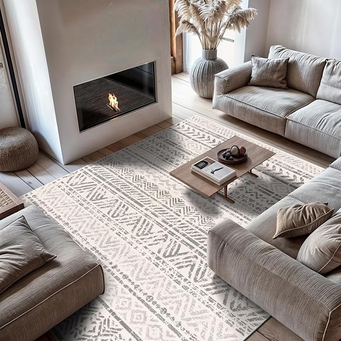 Rugshop Geometric Boho Large Area Rug – Gray Tribal Pattern, Perfect for Living Room, Bedroom, Dining Room, 9' x 12'