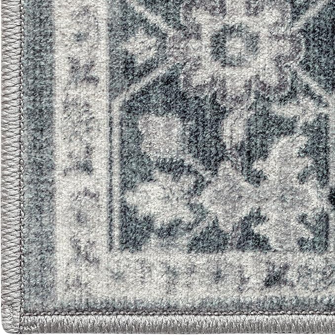 DEXI 5x8 Area Rug for Living Room, Washable Vintage Farmhouse Thin Rug Indoor Floor, Non Slip Stain Resistant Low Pile Carpet for Dining Room Bedroom Office, Blue Grey