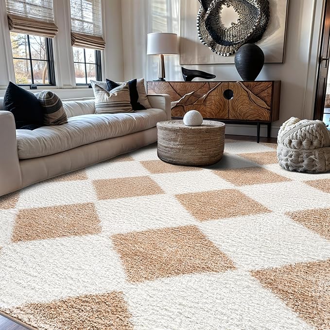 Rugshop Diamond Wave Shag Area Rug Beige 7' 10" x 10' Perfect for Large Living Rooms, Dining Areas, or Master Bedrooms