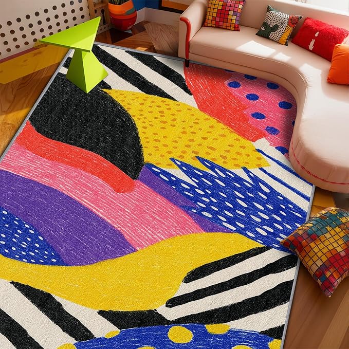 Pop Art Area Rugs - Colorful Abstract Rug 4x5, Hippie Aesthetic Funky High Traffic Shed Resistant Carpets Room Decor #C004