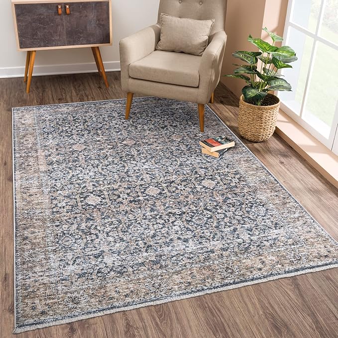 Bloom Rugs Caria Washable Non-Slip 5x7 Rug - Dark Blue/Tan Traditional Area Rug for Living Room, Bedroom, Dining Room, and Kitchen - Exact Size: 5' x 7'