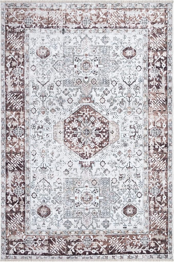 Bloom Rugs Caria Washable Non-Slip 8x10 Rug - Beige/Brown Traditional Area Rug for Living Room, Bedroom, Dining Room, and Kitchen - Exact Size: 7'8" x 10'