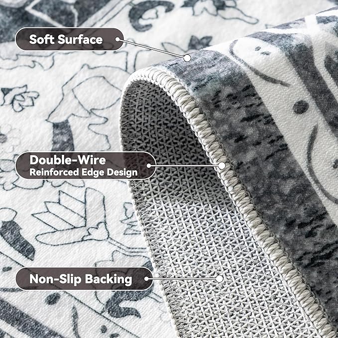 EnHomee 4x6 Washable Area Rugs for Bedroom, Boho Vintage Rugs, Foldable Area Rug for Dining Room, Non-Slip Soft Living Room Rug, Low Pile Large Carpet for Bathroom, Grey