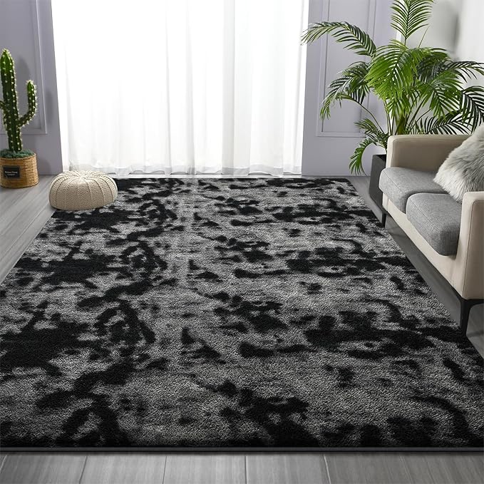 Large Soft Rugs for Living Room, 6 x 9 Ft Tie-Dyed Thickened Memory Foam Area Rug for Bedroom, Non-Slip Comfy Indoor Carpet for Boys Girls Room Nursery Home Decor, Dark Grey