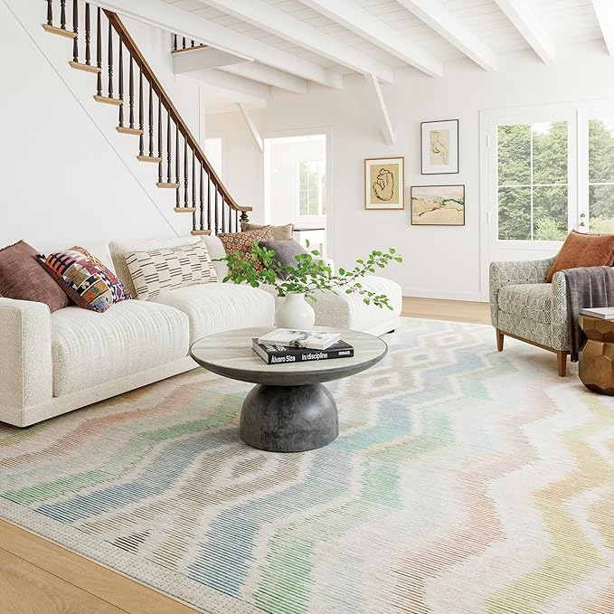 Dash & Albert Zarek Multi Machine Washable Rug, 7.5 X 9.5 Feet, Multicolored/White Chevron Pattern