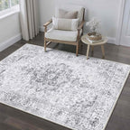 HUGEAR Washable 3x5 Area Rugs Retro Grey Living Room Bedroom Rug Vintage Distressed Non Slip Stain Resistant Low Pile Neutral Throw Carpet for Home Decor