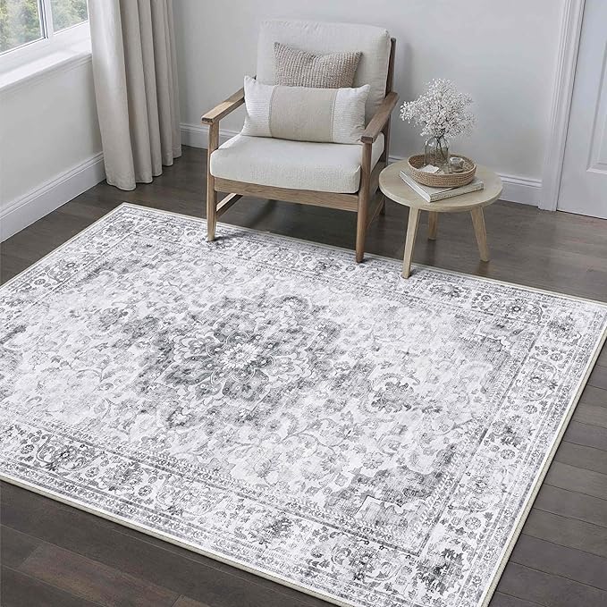 HUGEAR Washable 3x5 Area Rugs Retro Grey Living Room Bedroom Rug Vintage Distressed Non Slip Stain Resistant Low Pile Neutral Throw Carpet for Home Decor