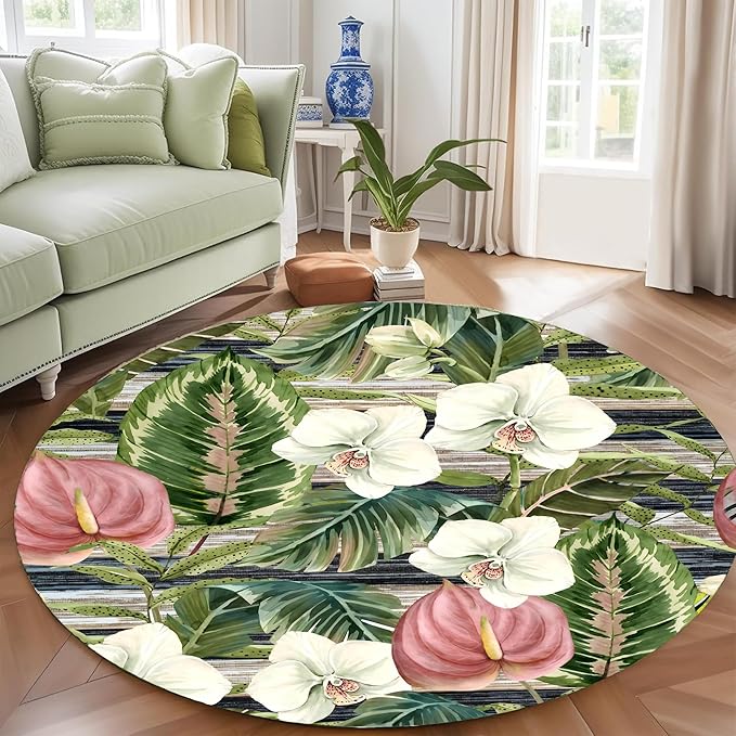 3.3ft Round Indoor Rug Non-Shedding Machine Washable，Low Pile Non-Slip Carpet with Tropical Floral Pattern，Soft Floor Mat for Living Room, Bedroom, Mudroom Easy Clean Home Decor