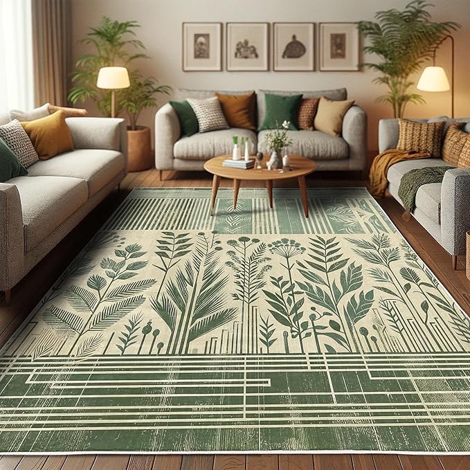 Ambesonne Leafy Design Decorative Rug, Boho Silhouettes of Jungle Leaves Grungy Stripes on Creamy Back, Quality Carpet for Bedroom Dorm and Living Room, 2' 2" x 3' 7", Laurel Green Champagne
